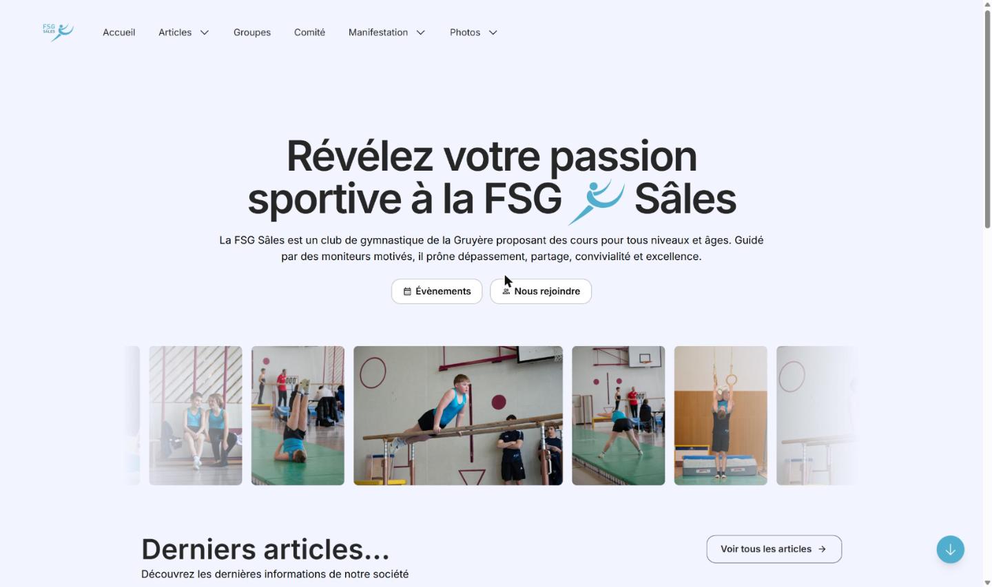 Capture d'écran du site fsg-sales.ch : « Révélez votre passion sportive à la FSG Sâles », avec la galerie photos des gymnastes